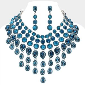 Blue Zircon & Silver Crystal Choker Necklace Set Waterfall Statement Jewelry